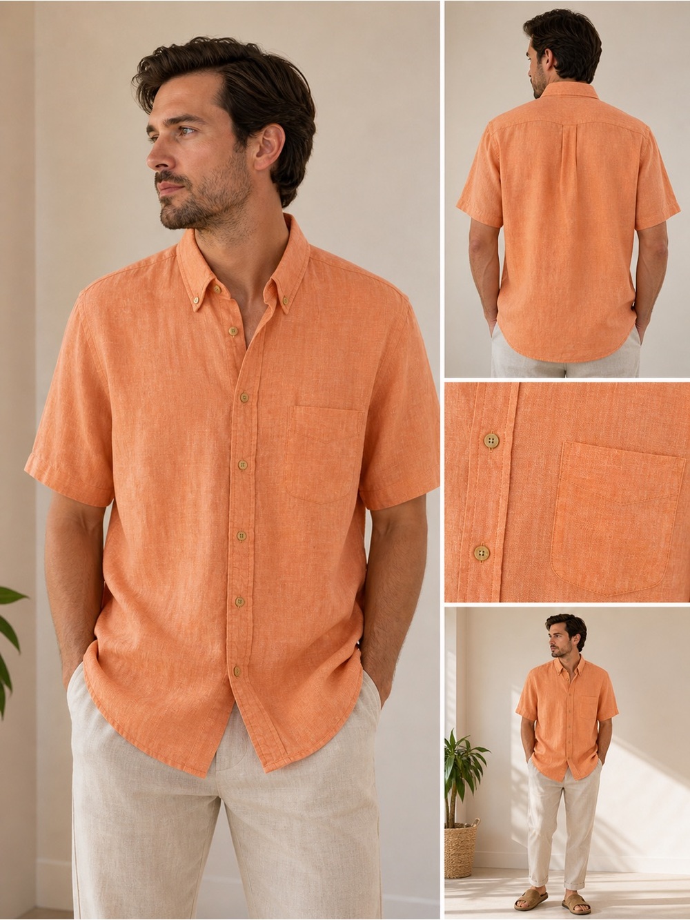 Men's Short-Sleeve Button-Down Shirt - Orange 100% linen